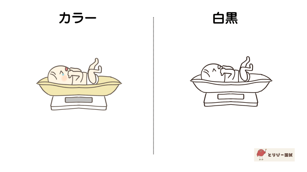 赤ちゃんの体重測定のフリーイラスト素材｜カラーと白黒のプレビュー
