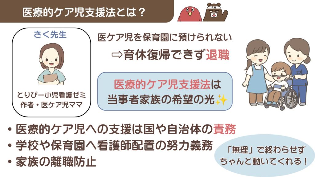 医療的ケア児支援法のポイント解説図解。家族の離職防止、国や自治体の責務、保育園や学校への看護師配置の努力義務など、看護師国試に出る重要項目をまとめたイラスト。