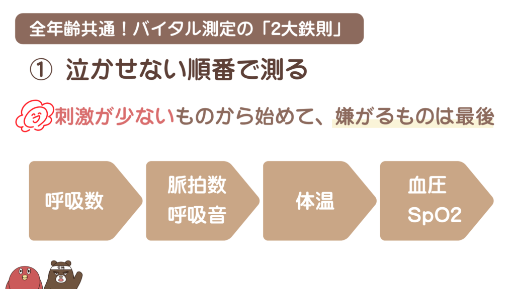 小児のバイタル測定は「刺激の少ない順(泣かせない順)」で測る